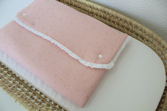 Muda Fraldas Portátil C/ Bolsos | Musselina Rosa