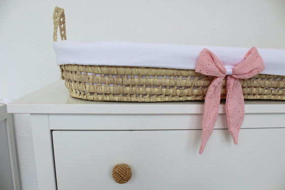 Cesta Muda Fraldas Branco | Musselina Rosa Pintas Douradas