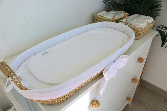 Cesta Muda Fraldas Branco | Musselina Branca Pintas Douradas