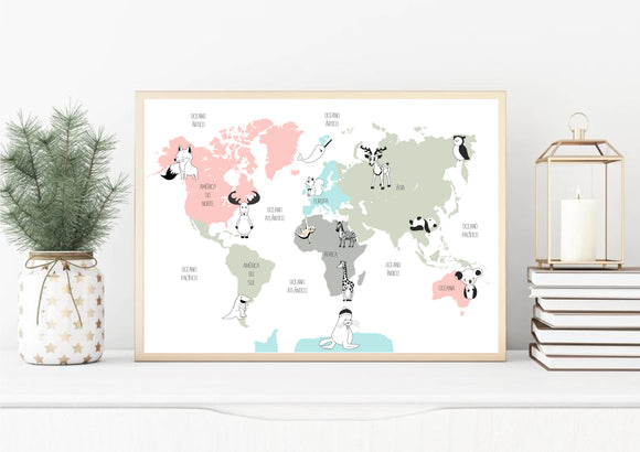 Quadro Decorativo | Mapa Mundo com Animais